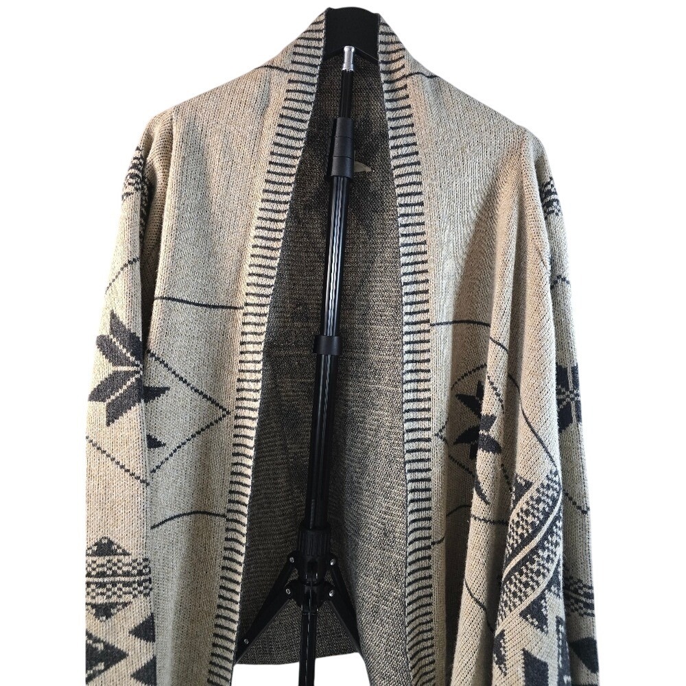 Hem & Thread Wn Small Tan Black Fair Isle‎ Geometric Open Front Cardigan Sweater